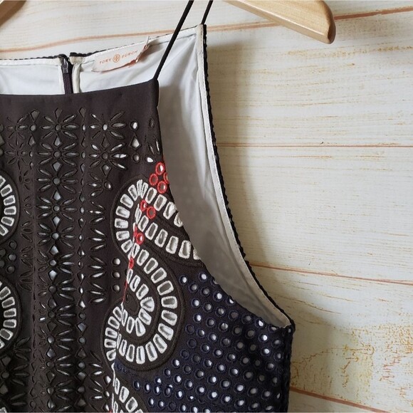 Tory Burch Runway Strappy Eyelet Shift Dress Summer Women's Size 8 Brown Blue - Picture 5 of 14